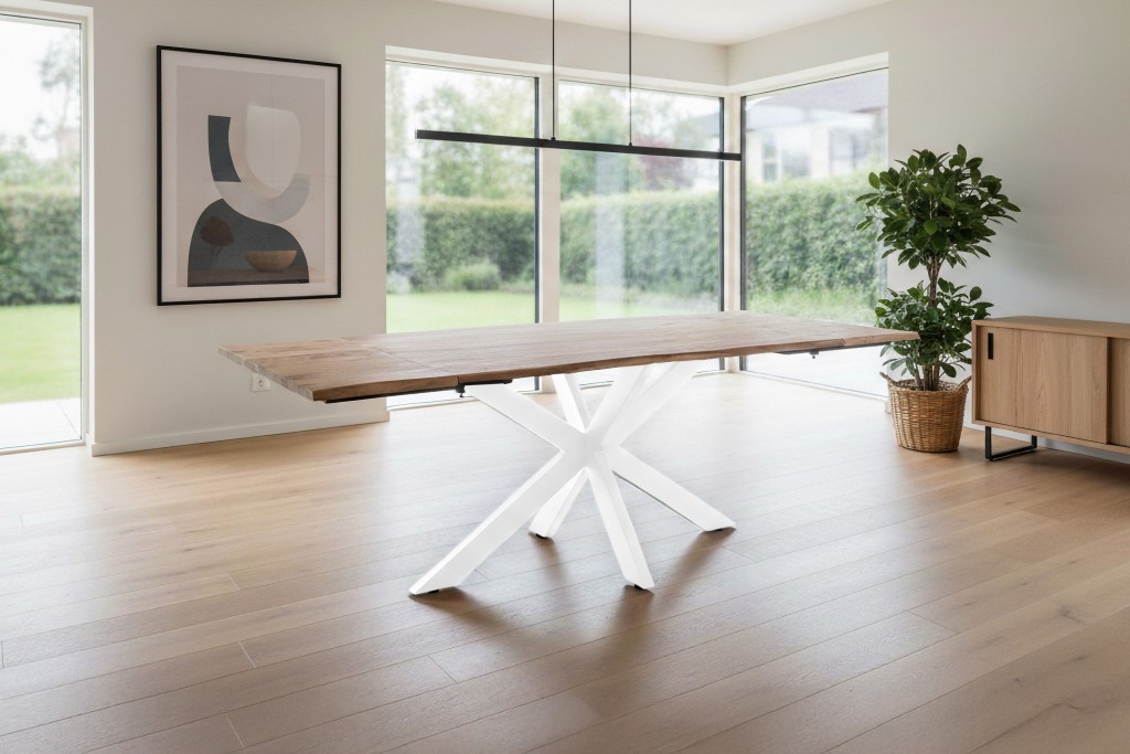 Esstisch Baumkante Akazie natur 120(200)x90 Ansteckplatten Spider-Gestell weiß AVINO