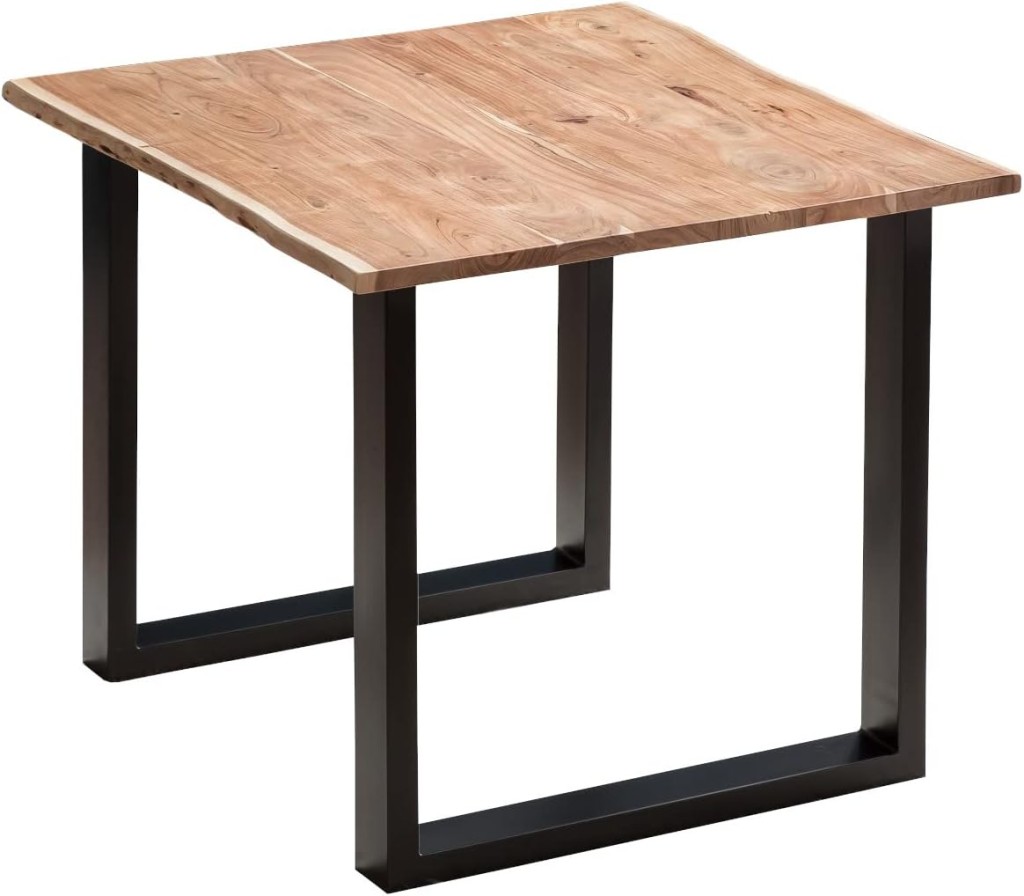 Essgruppe Baumkante massiv 80 x 80 cm Akazie naturfarben U-Gestell schwarz & 2 Stühle schwarz QUINN