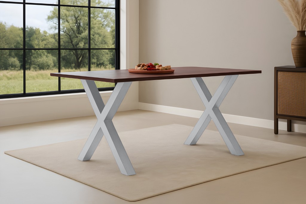 Esstisch 140x80cm Akazie massiv kastanienfarben schweizer Kante X-Gestell silber RITA