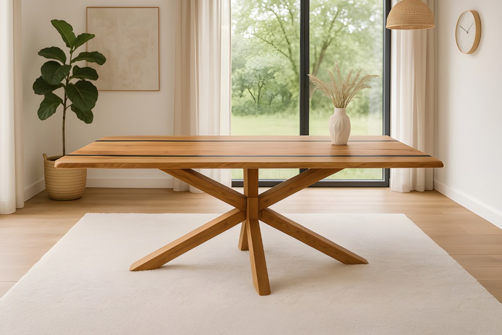 Esstisch 220 x 100 cm Akazie massiv natur mit schwarzen Resin-Adern Spider-Gestell Holz natur PETER