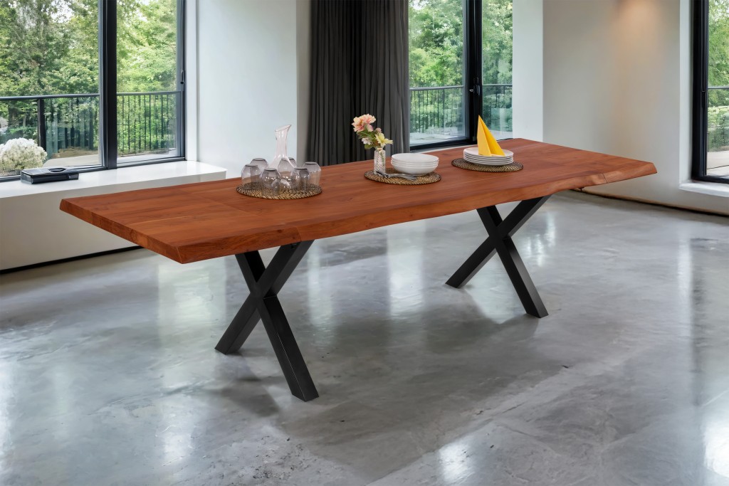 Esstisch Baumkante Akazie nuss 140 (220) x 90 cm X-Gestell schwarz mit Ansteckplatten CALI