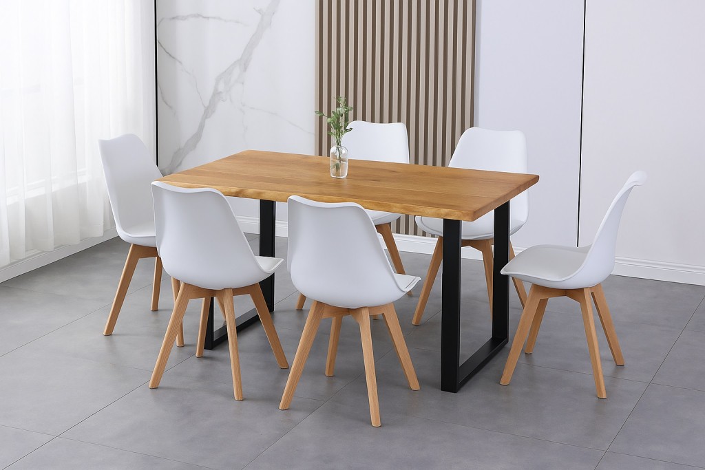 Essgruppe Baumkante massiv 160 x 85 cm Holz Wildeiche-Optik U-Gestell schwarz & 6 Stühle weiß JOSY