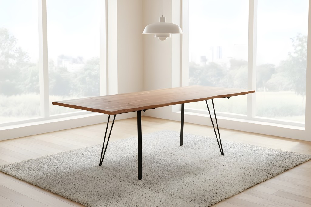 Esstisch Baumkante Akazie natur 120(200)x90 Ansteckplatten Vierfuß-Gestell schwarz AVINO
