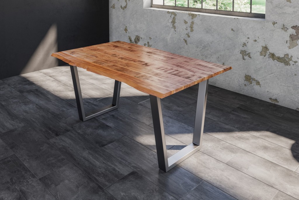 Esstisch Baumkante Massiv Mango naturfarben 160 x 85 silber V-Gestell DORA