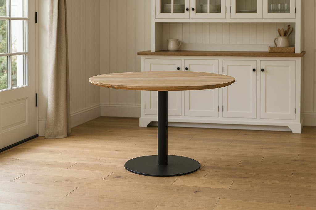 Bistrotisch Schweizer Kante massiv 110 cm Akazie naturfarben Säulengestell-rund schwarz BRASILIAN