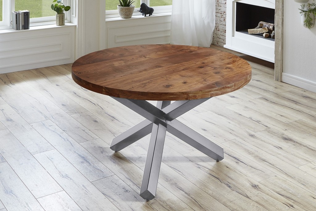 Esszimmertisch rund 140 cm Akazienholz Nussbaum Silber RUNA