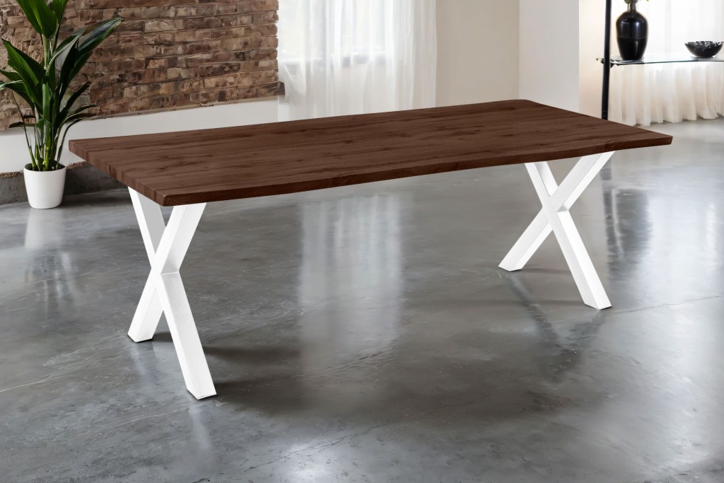 Esstisch Baumkante Holz-Optik Nussbaum 220 x 100 X-Gestell weiß JOSY