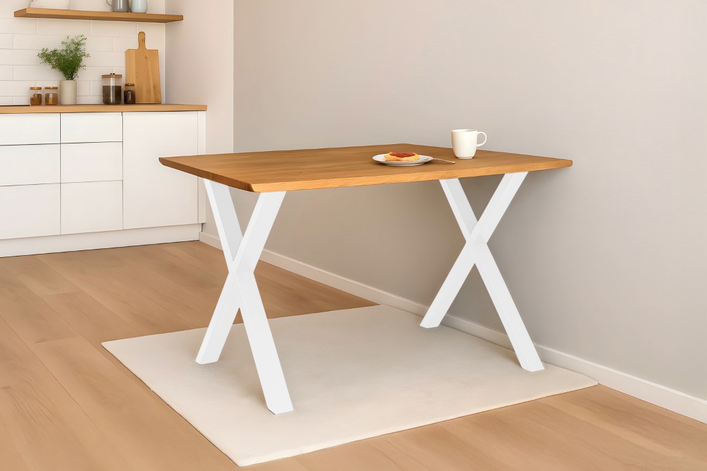 Esstisch Baumkante massiv Eiche geölt 140 x 80 cm X-Gestell weiß SALVADOR