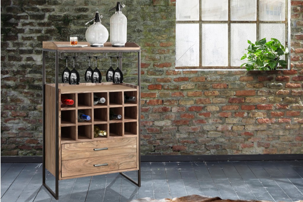 Weinregal Weinschrank Akazie stonefarben 70x125x35 cm schwarz SYDNEY