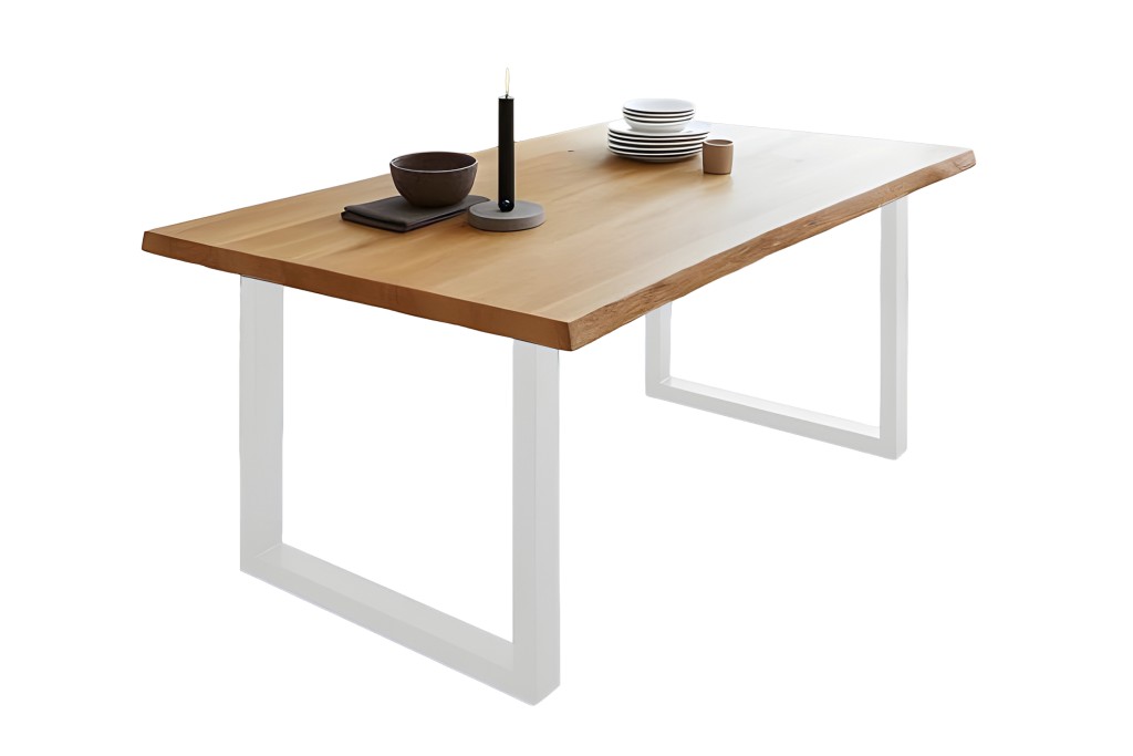 Esstisch Baumkante massiv Eiche geölt 140 x 80 cm U-Gestell weiß SALVADOR