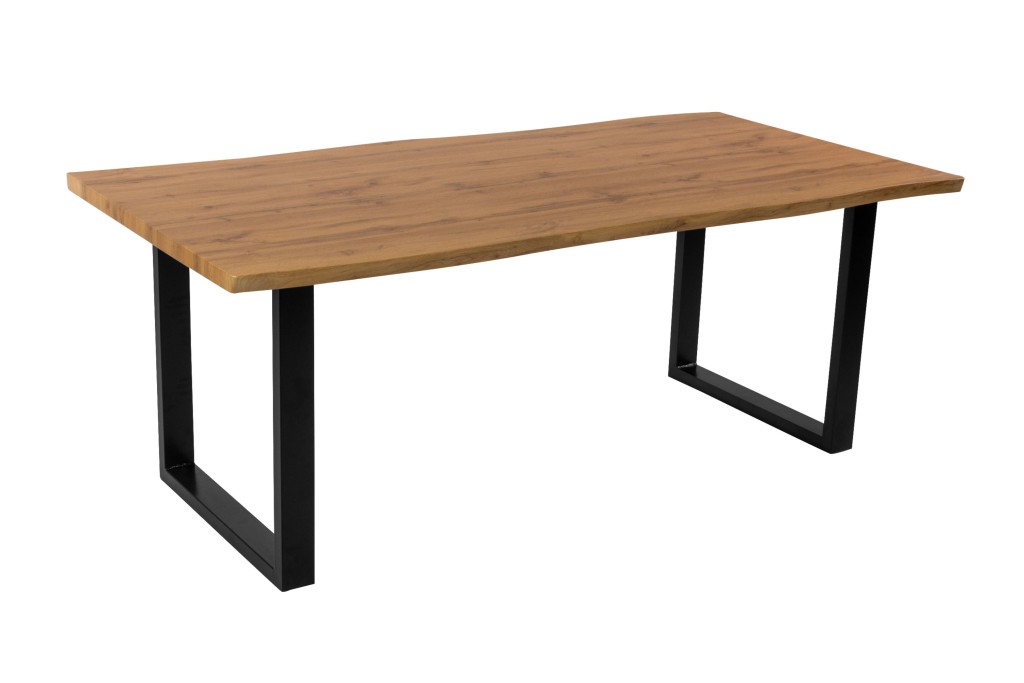 Essgruppe Baumkante massiv 200 x 100 cm Holz Wildeiche-Optik U-Gestell schwarz & 6 Stühle weiß JOSY
