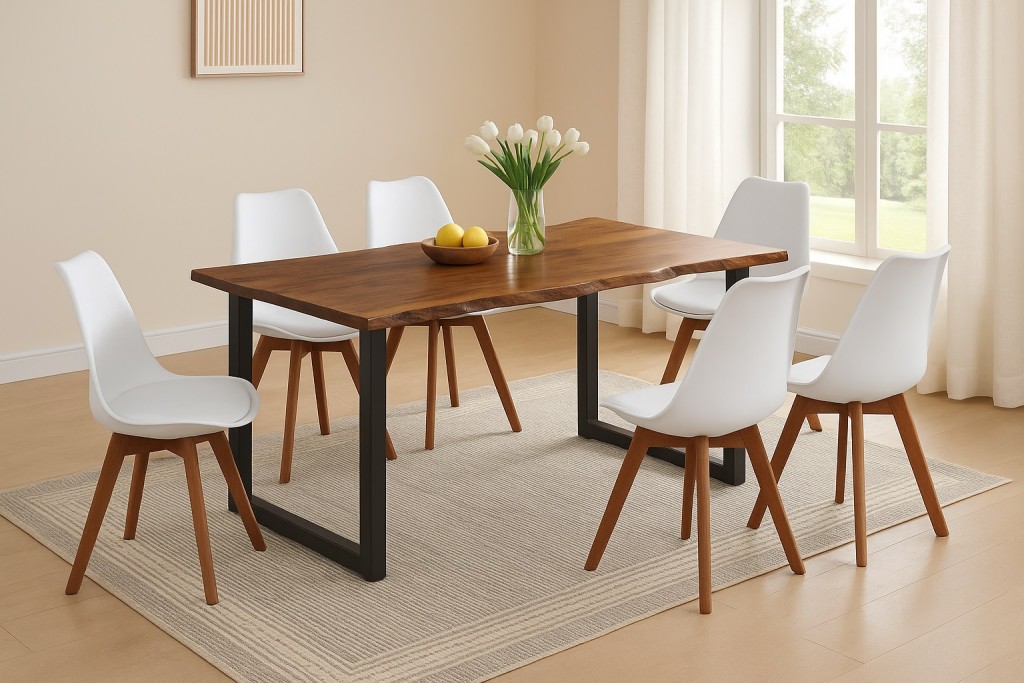 Essgruppe Baumkante massiv 180 x 90 cm Akazie nussbaumfarben U-Gestell schwarz & 6 Stühle weiß QUINN