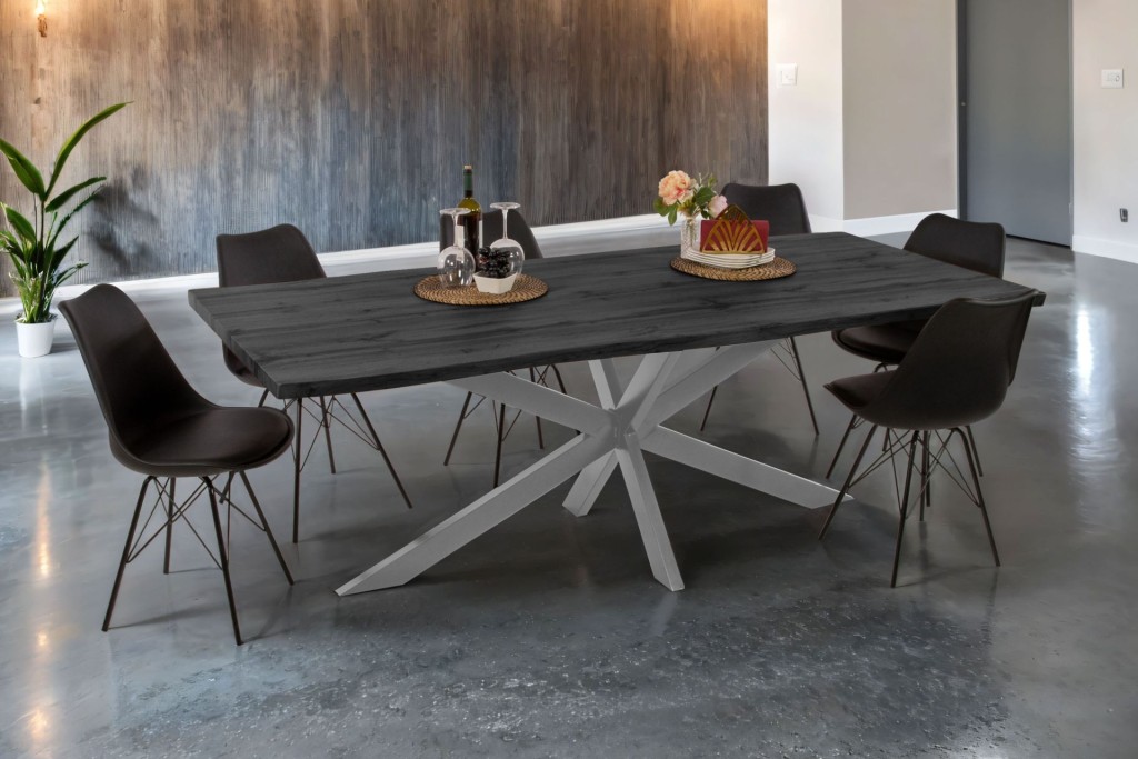 Esstisch Baumkante Holz-Optik Grau 240 x 100 Spider-Gestell silber JOSY
