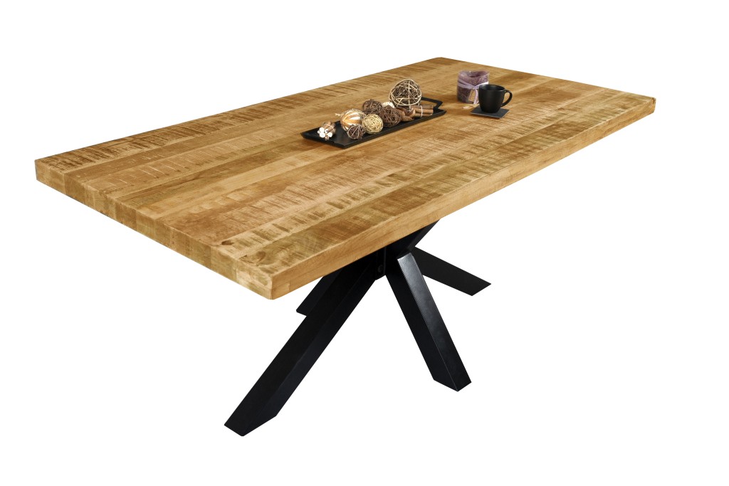 Esstisch 200 x 100 cm Mango rough massiv gerade Kanten Spider-Gestell Schwarz LIBRO