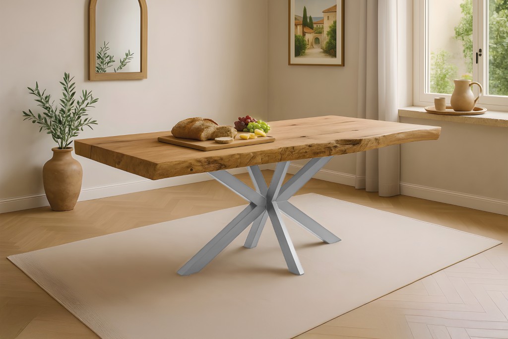 Baumkantentisch Teak 300 x 100 cm massiv Spider-Gestell silber KINAN