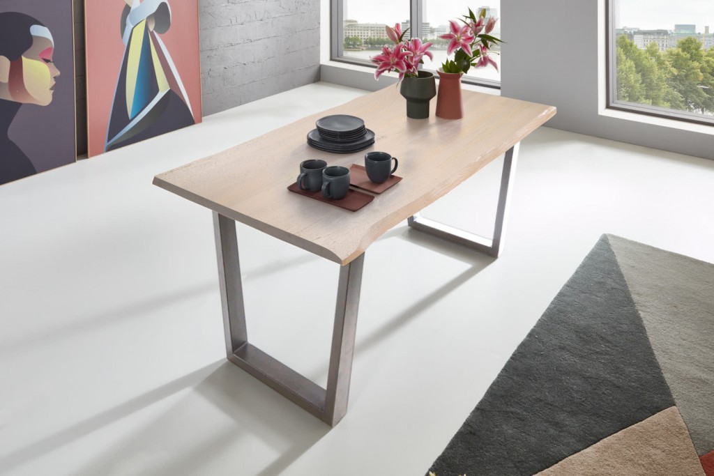 Esstisch Baumkante massiv Akazie grau & sandgestrahlt 220x100cm silber GRACE