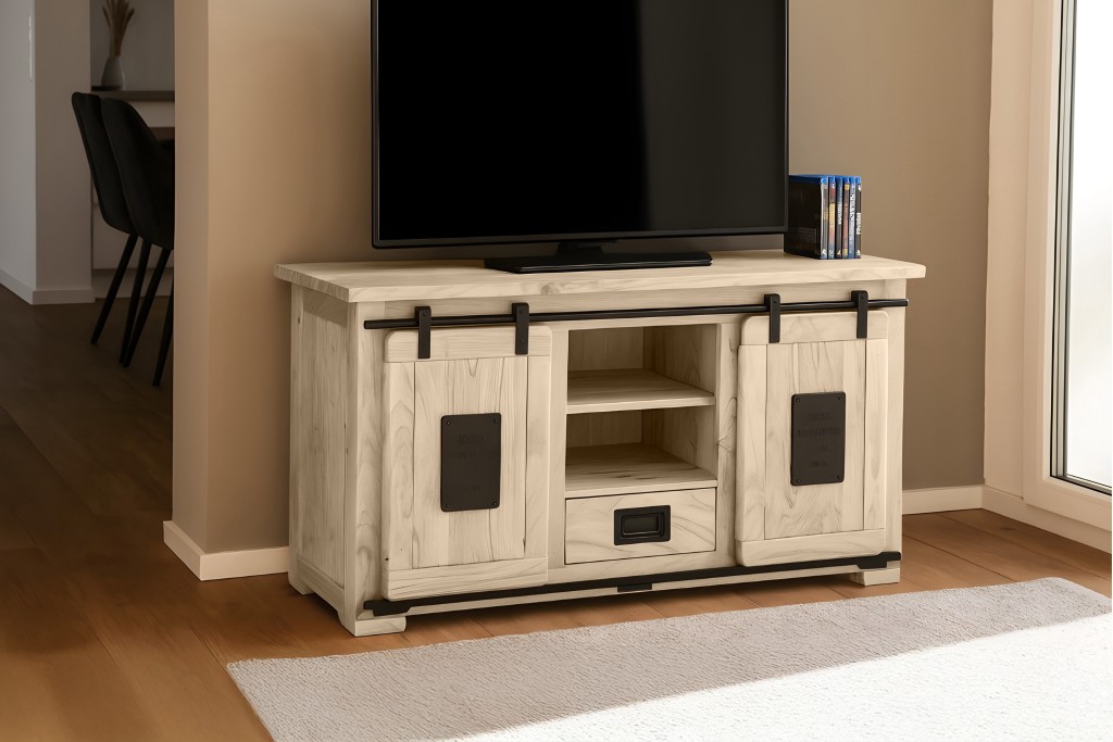 Lowboard Kommode TV-Board mit Schiebetüren, Schubfach & 6 Fächern Akazie massiv eiche 128 x 45 x 70 cm LIBRO