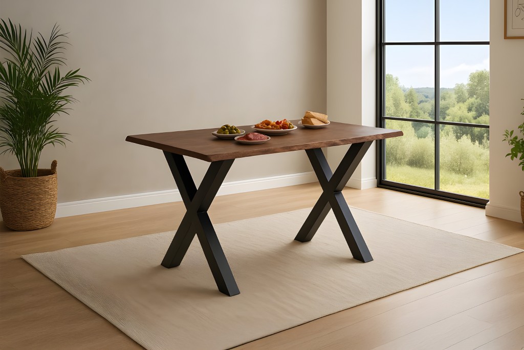 Esstisch Baumkante massiv Akazie kastanienfarben 140 x 80 cm X-Gestell schwarz Roxana