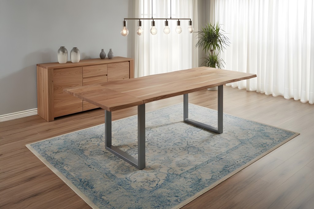 Esstisch Baumkante Akazie natur 180(280)x90 Ansteckplatten silber ADINA