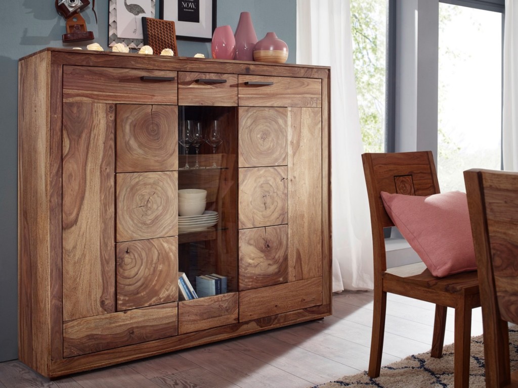 Highboard 150 x 130 x 40 cm Akazienholz massiv naturfarben NORA II
