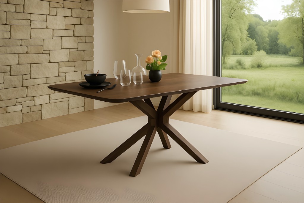 Esstisch 180 x 90 cm Akazie massiv kastanienfarben Schweizer Kante Spider-Gestell Holz kastanie ROBERTO