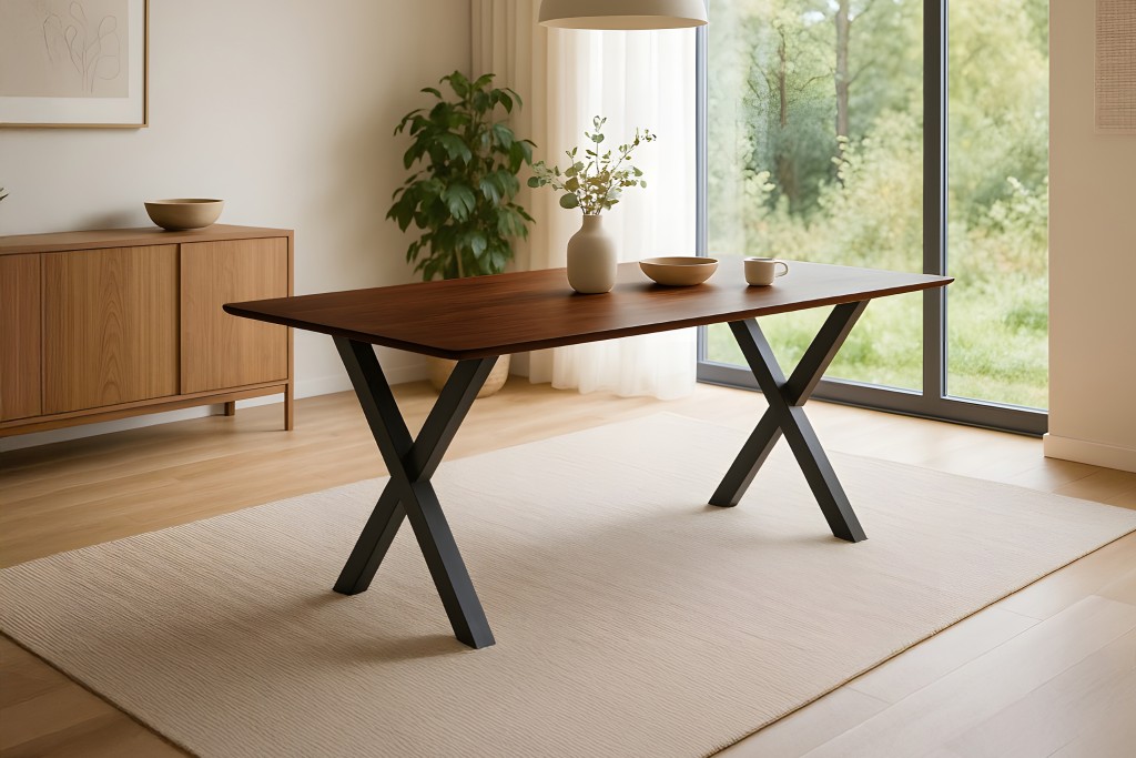 Esstisch 180 x 90 cm Akazie massiv kastanienfarben Schweizer Kante X-Gestell schwarz ROBERTO