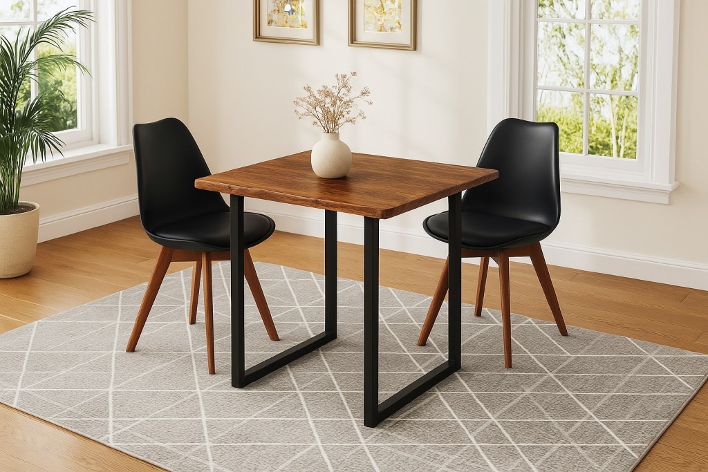 Essgruppe Baumkante massiv 80 x 80 cm Akazie nussbaumfarben U-Gestell schwarz & 2 Stühle schwarz QUINN