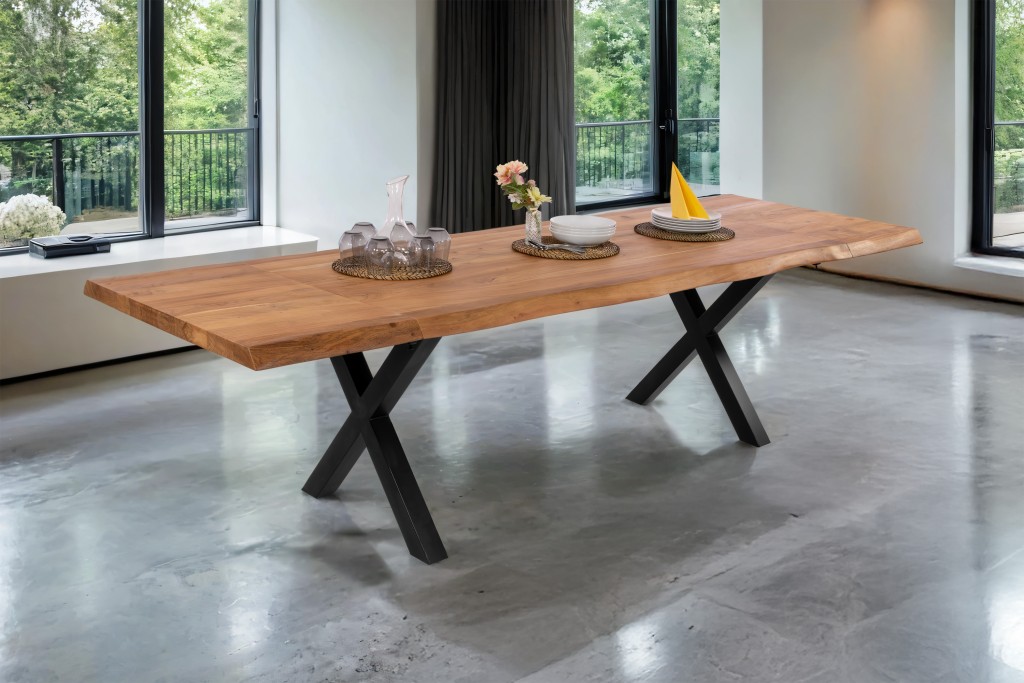 Esstisch Baumkante Akazie natur 180 (280) x 90 X-Gestell schwarz mit Ansteckplatten CALI