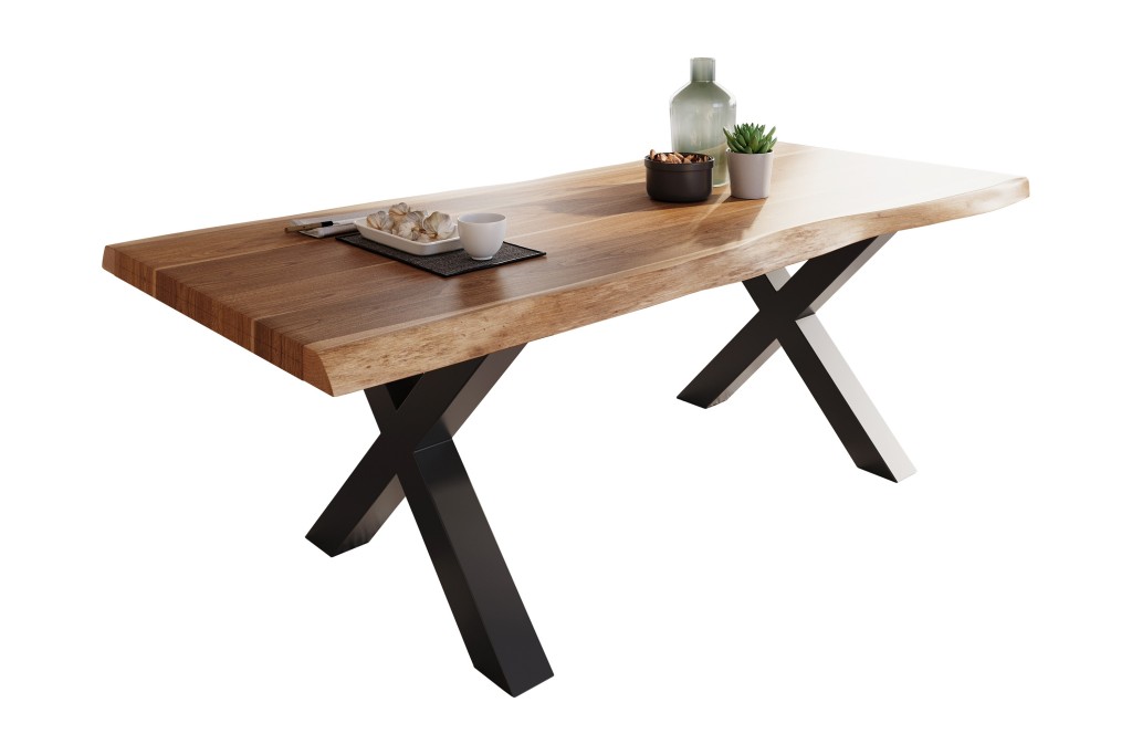 Esstisch Baumkante massiv Akazie Natur 220 x 110 X-Gestell schwarz ATLAS