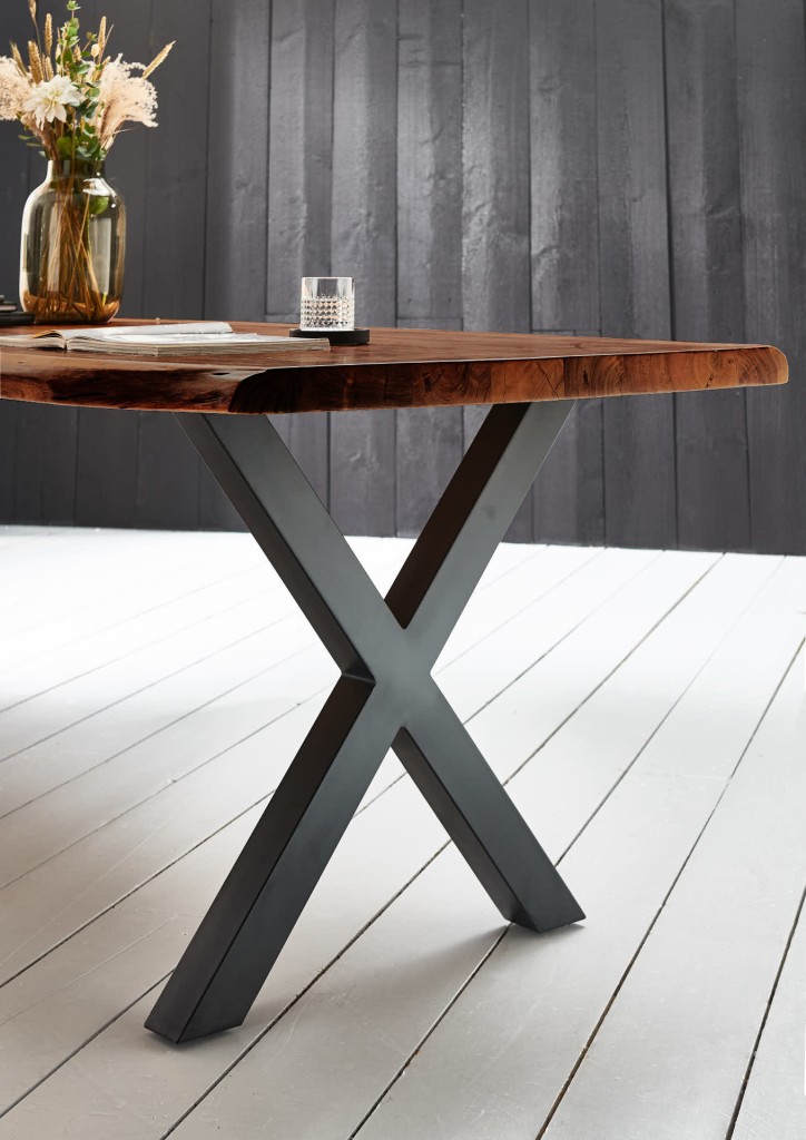 Esstisch Baumkante massiv Akazie nussbaumfarben 240 x 100 schwarz X-Gestell XEREZ