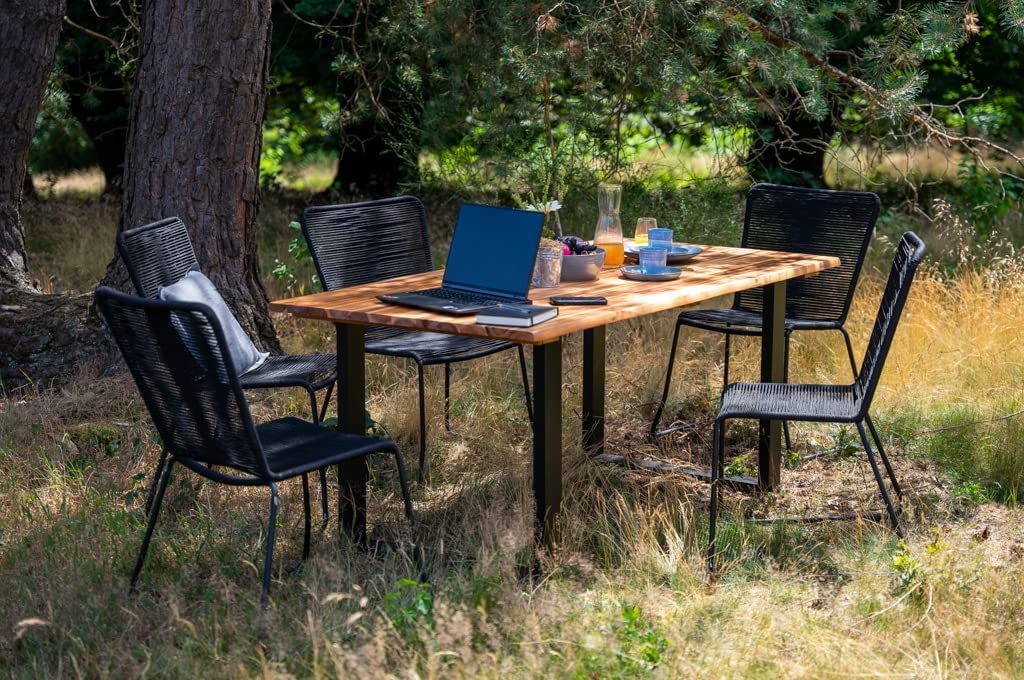 Outdoor-Tischgruppe Baumkante 7tlg Akazie massiv mit 6 Stühlen U-Gestell schwarz AVILA