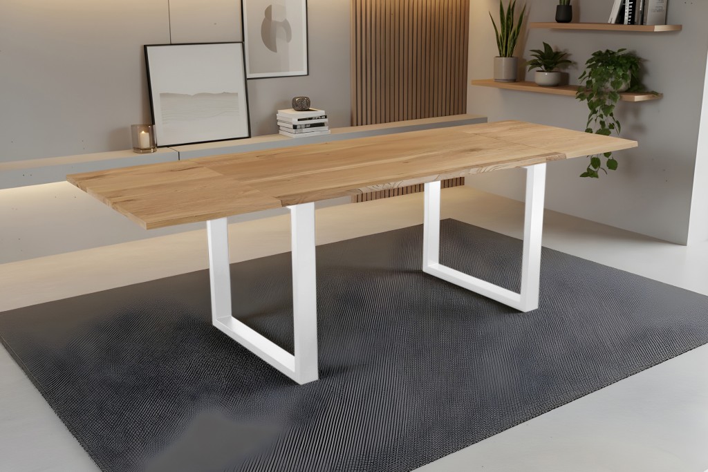 Esstisch Baumkante massiv Eiche 140(220)x90 Ansteckplatten U-Gestell weiß SESSA