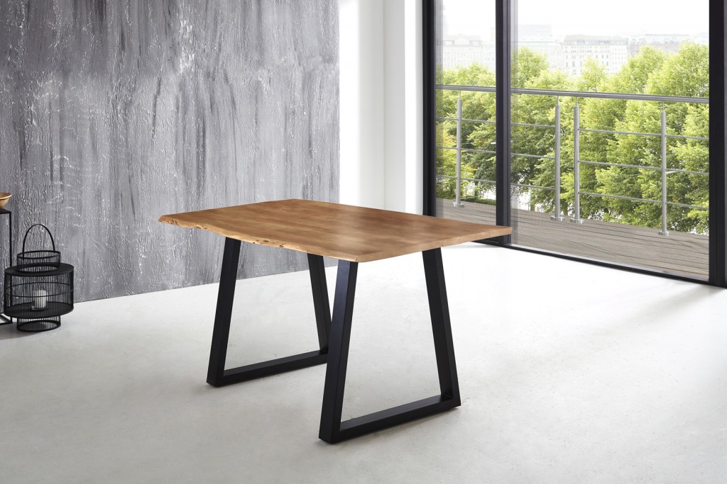 Esstisch Baumkante massiv Akazie natur 140 x 80 schwarz V-Gestell LUBIN