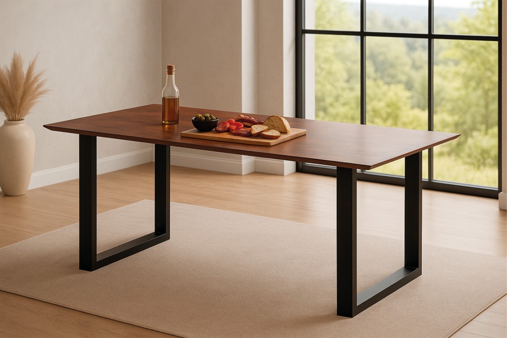 Esstisch 180x90cm Akazie massiv kastanienfarben schweizer Kante U-Gestell schwarz RITA