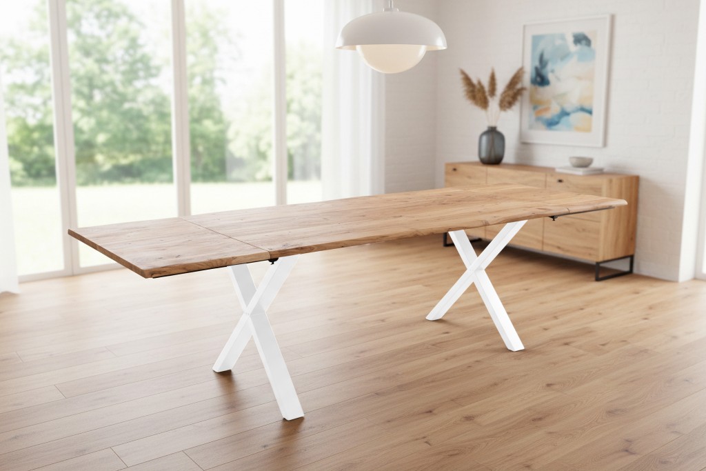 Esstisch Baumkante Akazie natur 160(260)x90 Ansteckplatten X-Gestell weiß AVINO
