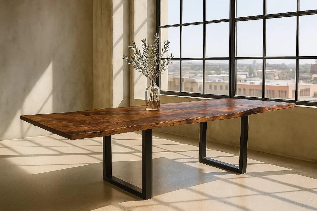 Esstisch Baumkante Akazie nougat 220 (320) x 100 mit Ansteckplatten BARCELONA