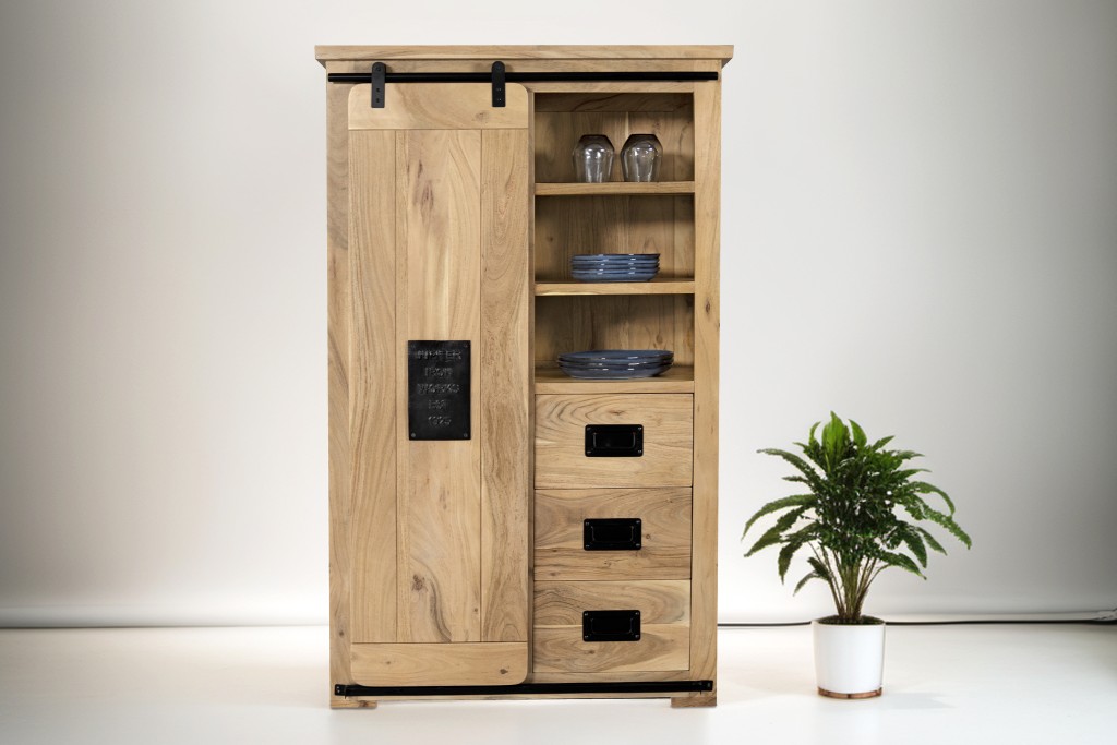 Highboard Vitrine Akazie massiv 90 x 45 x 150 cm naturfarben LIBRO