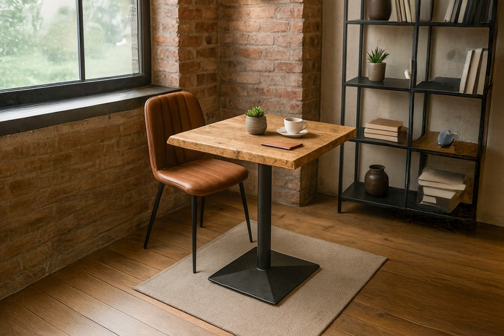 Bistrotisch Baumkante massiv 60 x 60 cm Akazie natur schwarz Säulengestell INES