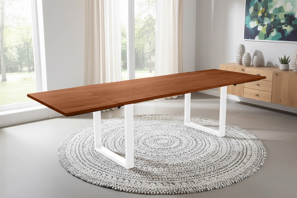 Esstisch Baumkante Akazie nuss 180(280)x90 Ansteckplatten U-Gestell weiß AVINO