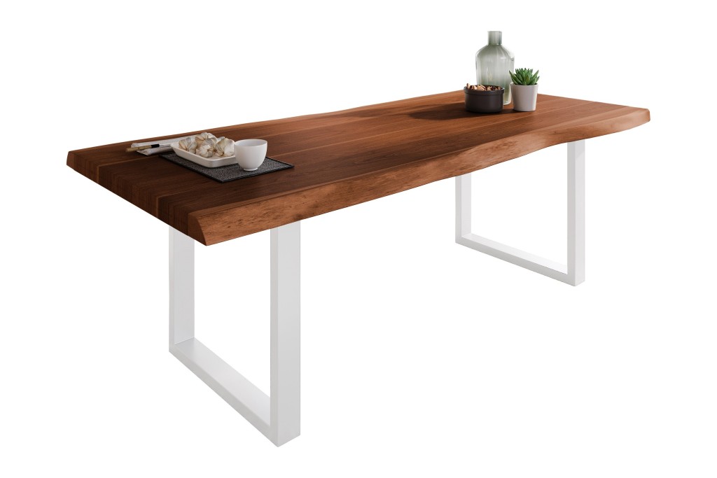 Esstisch Baumkante massiv Akazie Nussbaum 220 x 110 U-Gestell weiß ATLAS