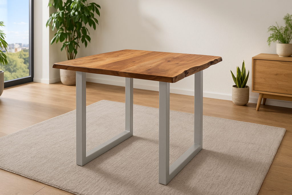 Esstisch Baumkante massiv Akazie nougatfarben 90 x 90 cm silber LAURINA
