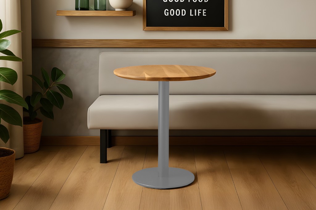 Bistrotisch Schweizer Kante massiv 60 cm Akazie naturfarben Säulengestell-rund silber BRASILIAN
