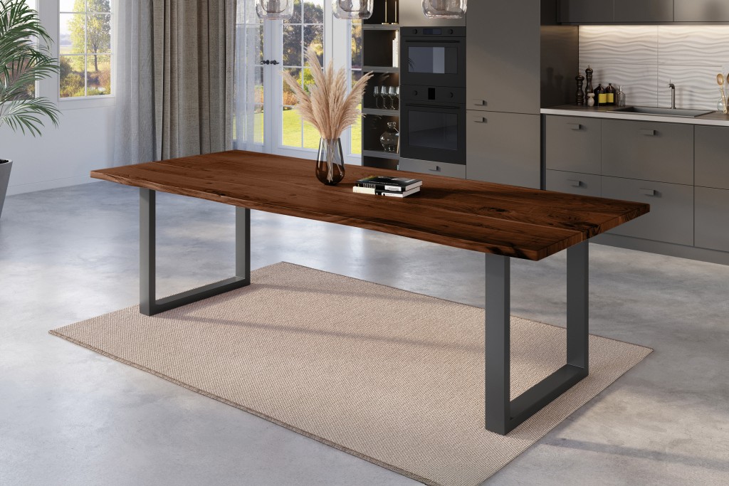 Esstisch Baumkante massiv Akazie nussbaum 260 x 100 U-Gestell schwarz NICK