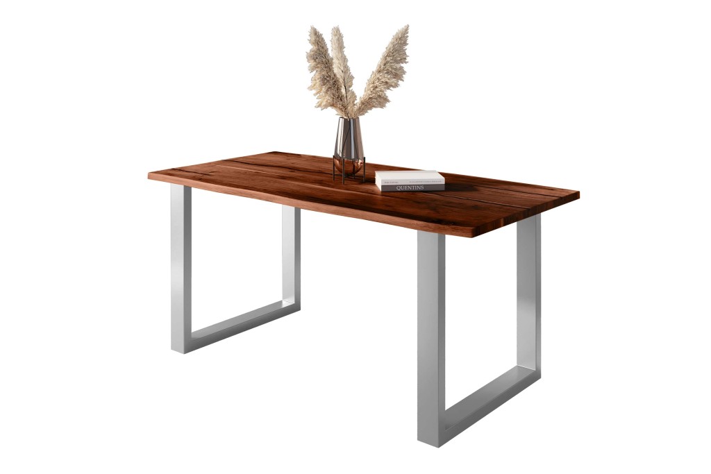 Baumkantentisch Akazie mit schwarzen Resin-Adern nussbaumfarben 180 x 90 cm U-Gestell silber POLLY