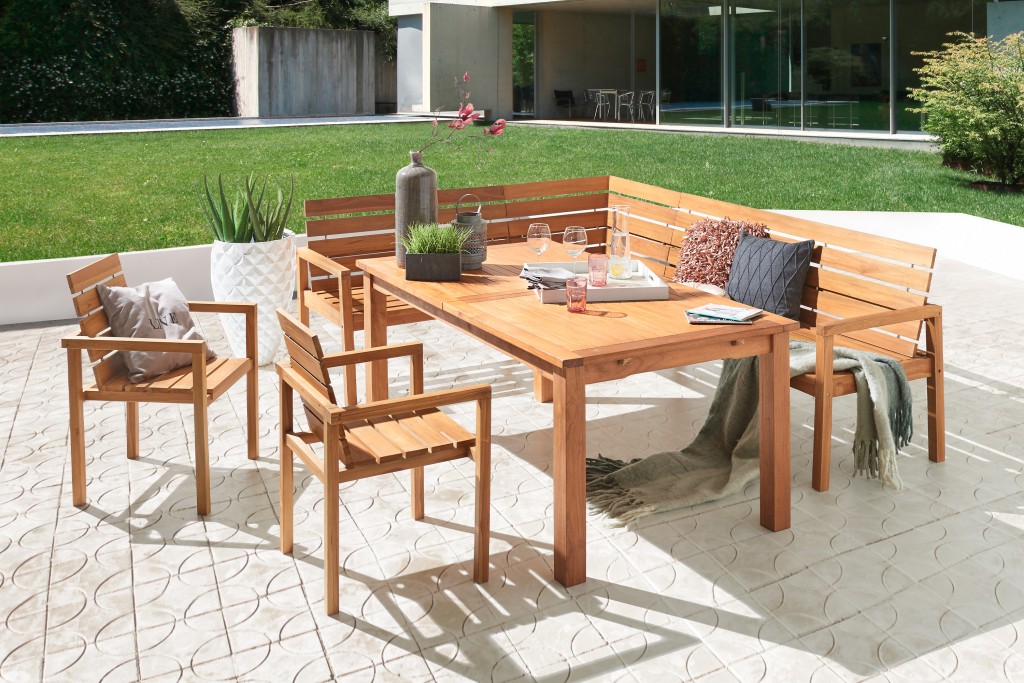 Gartengruppe 4tlg Gartentisch Teak 180 x 100 cm mit Eckbank & 2 Stühlen FREETOWN