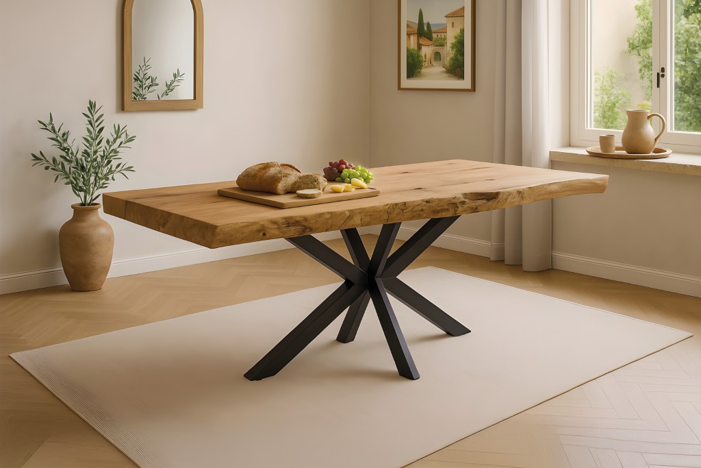 Baumkantentisch Teak 250 x 100 cm massiv Spider-Gestell schwarz KINAN