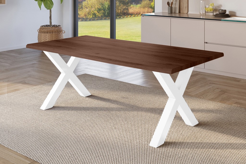 Esstisch Baumkante Holz-Optik Nussbaum 220 x 100 X-Gestell weiß JULIUS
