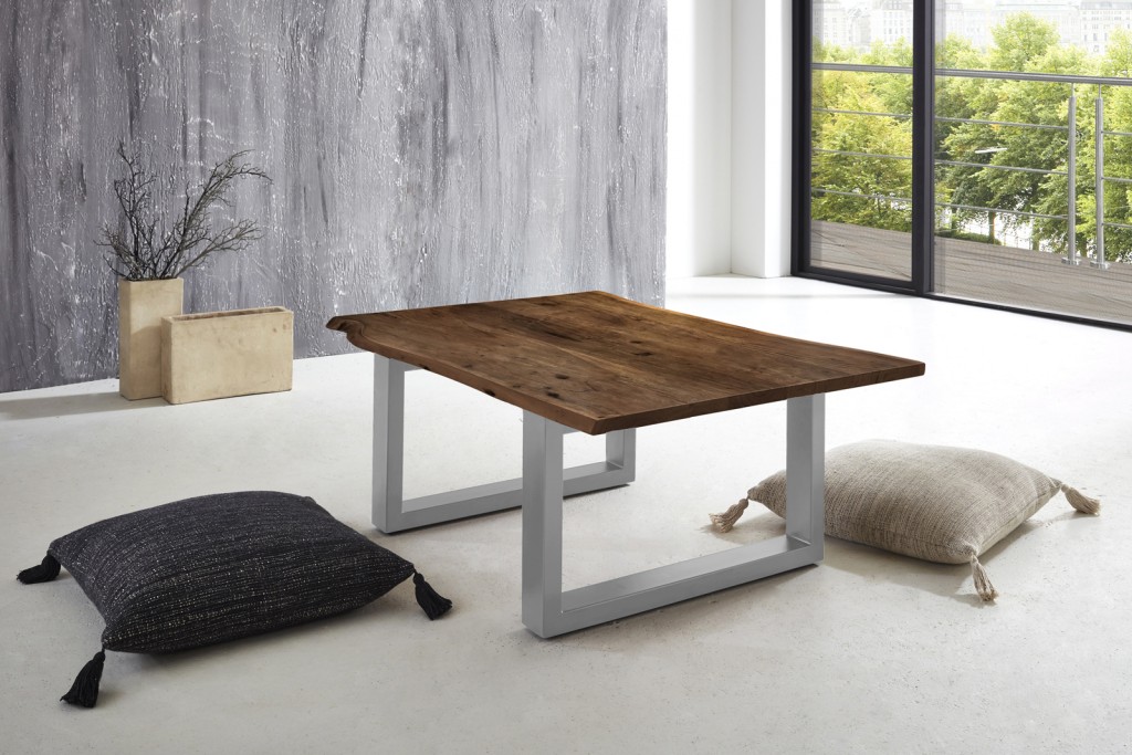 Couchtisch Baumkante 120x80 cm Akazie massiv + nussbaumfarben silber LUBIN