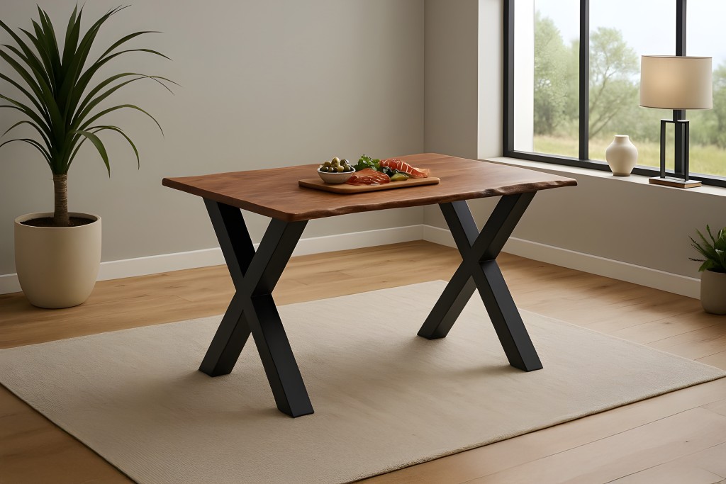 Esstisch Baumkante massiv Akazie kastanienfarben 120 x 80 cm X-Gestell schwarz Roxana