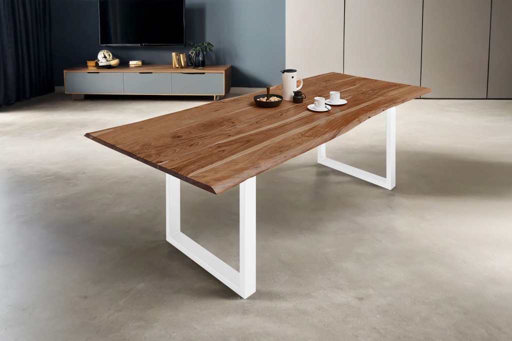 Esstisch Baumkante massiv Akazie natur 140 x 80 weiß MILO